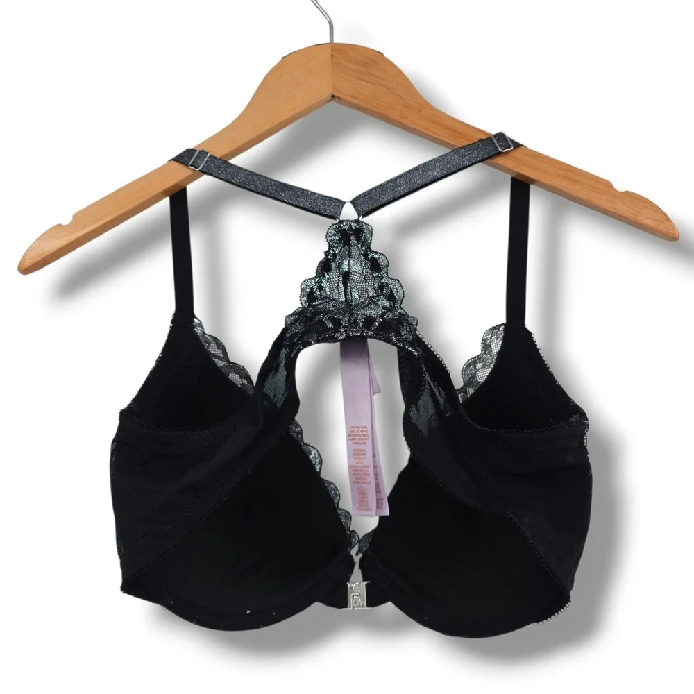 Savage X Fenty Black Silver Metallic Lace Front Close Push Up Bra 38D Racerback